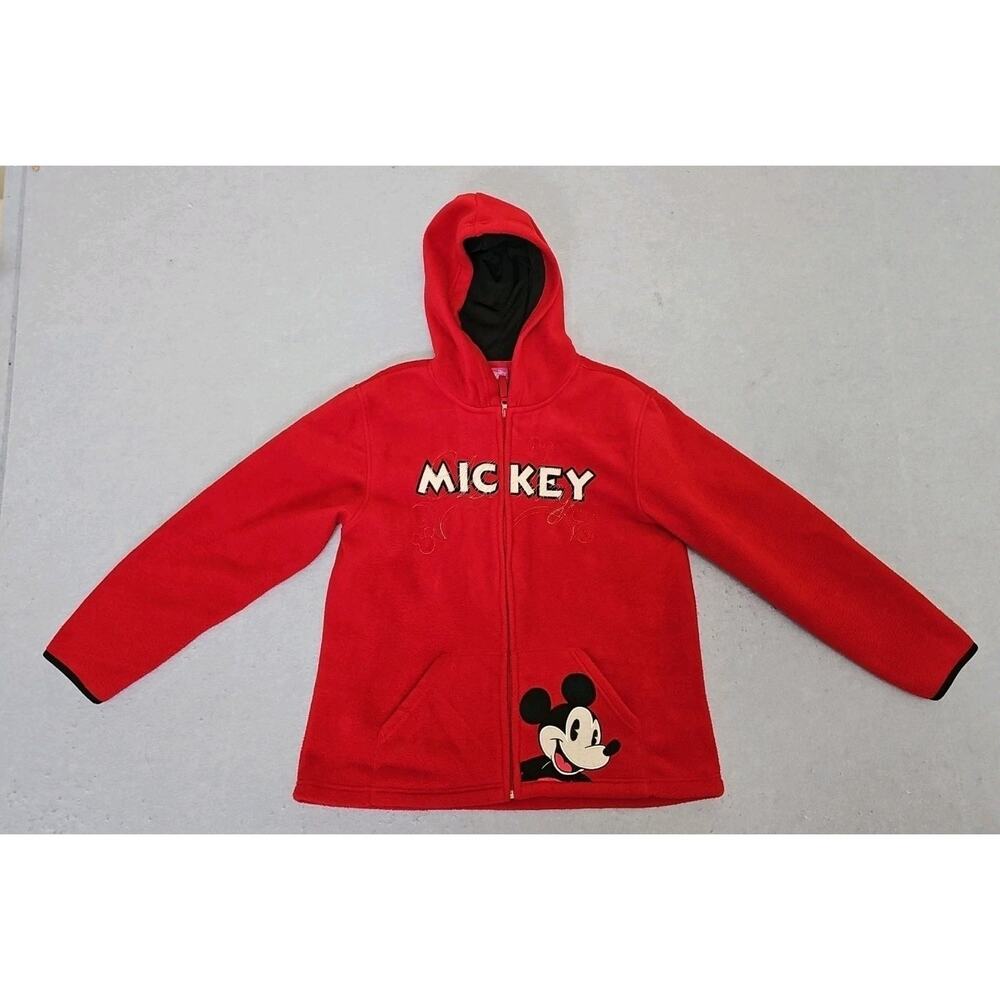 Vintage Disney Mickey Mouse Cartoon Red Fleece Zip Hoodie Jacket Pockets Warm